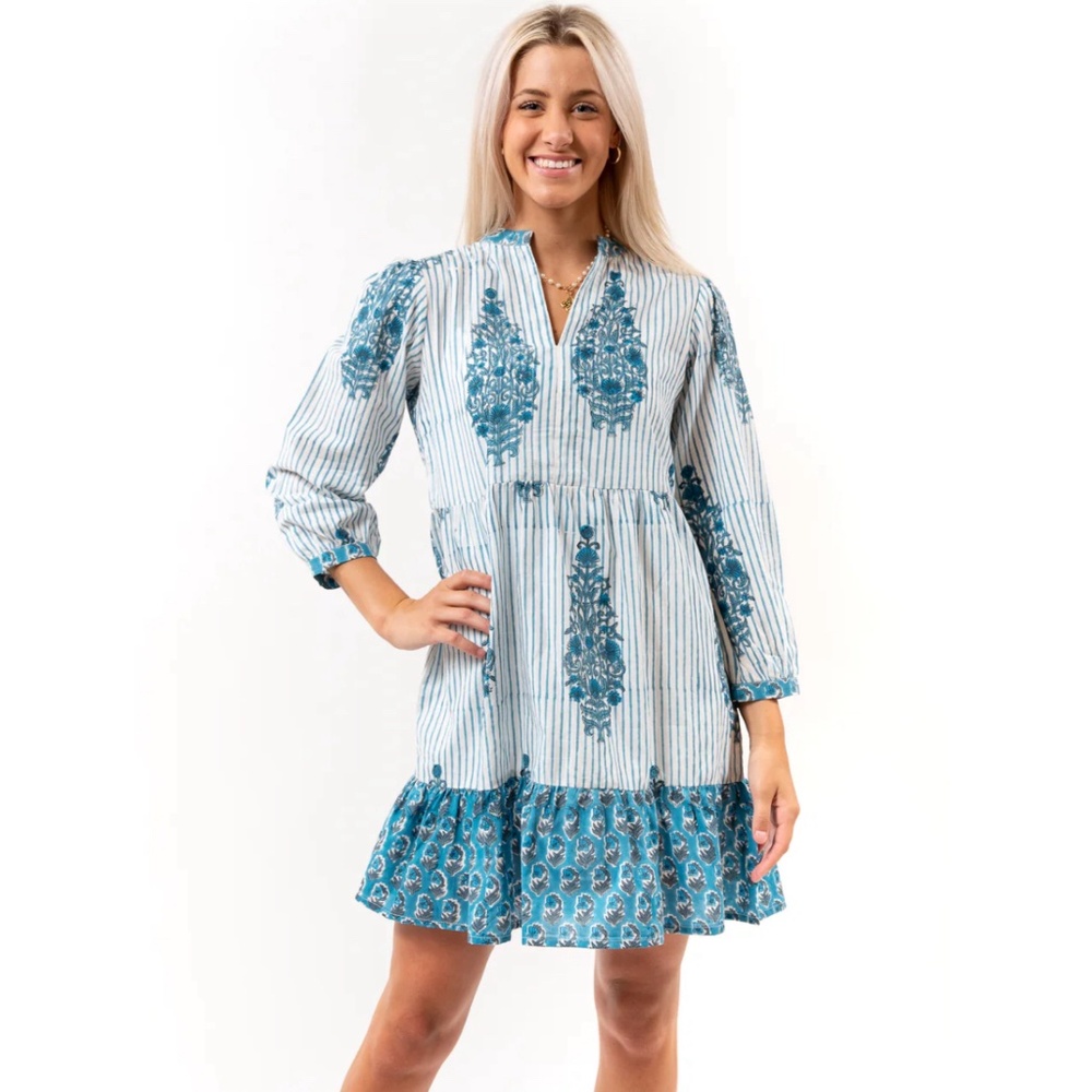 Liza Byrd Cotton Hand Block Print Louisa Dress In Teal NWT - Picture 2 of 3